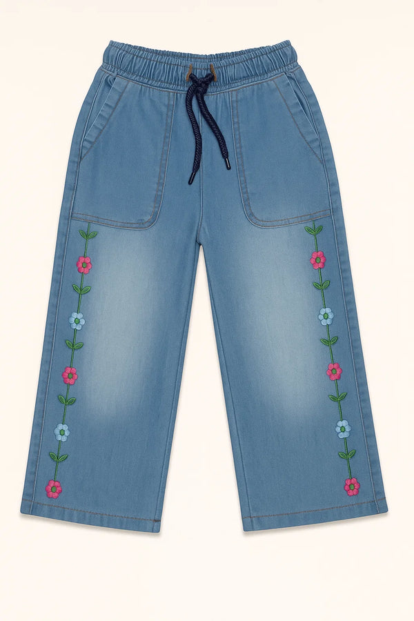 Light Blue Parallel Flower Elastic Denim Pant