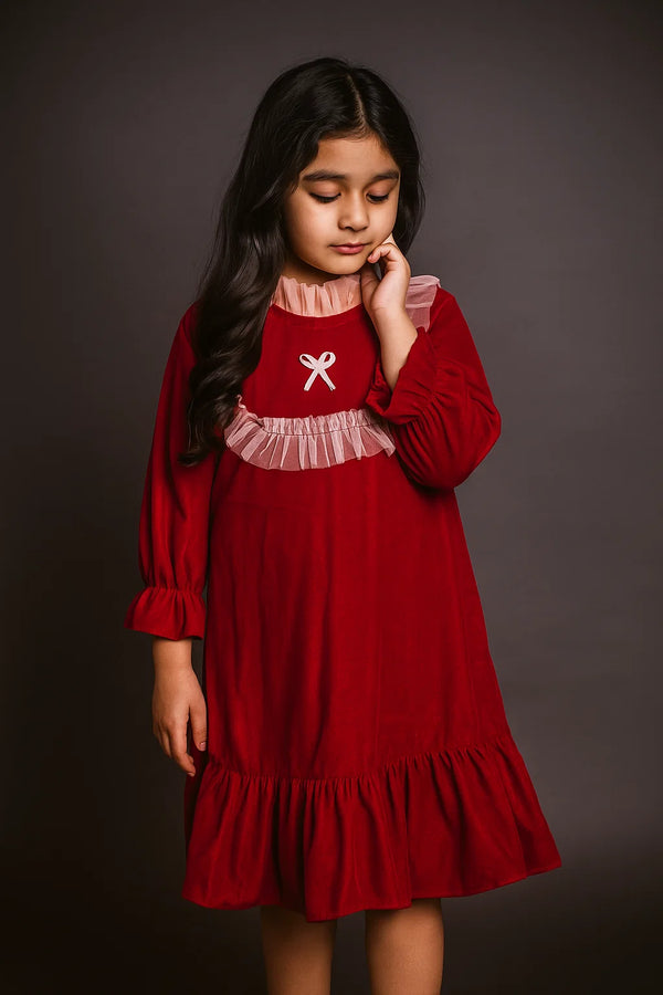 U frill Red Velvet Frock